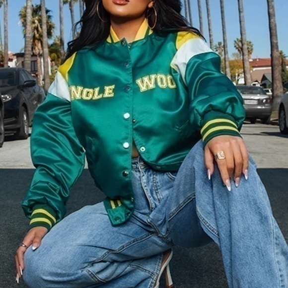 PrettyLittleThing Jackets & Blazers - PrettyLittleThing Bomber Inglewood Green Satin Oversized Jacket Sporty Retro